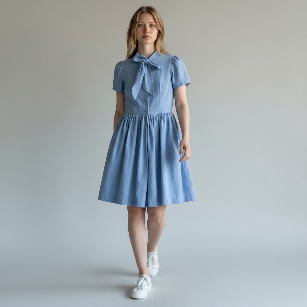 HEARTS AND FOUND Bonnie Cotton Fit & Flare Dress XS Blue Retro Coquette Cottage